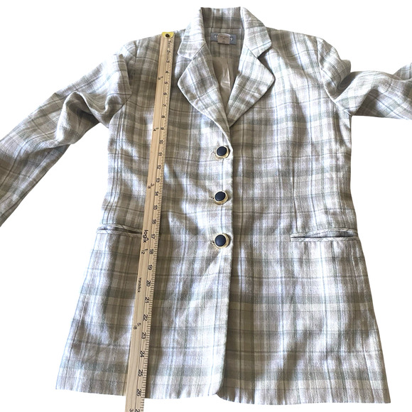 Savion Plaid Linen Blend Blazer Beige Sage Size 2P Made in Ukraine - Picture 8 of 9